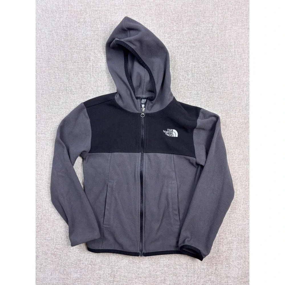 The North Face Boys Gray Black Colorblock Full Zip Fleece Hoodie Jacket XS
